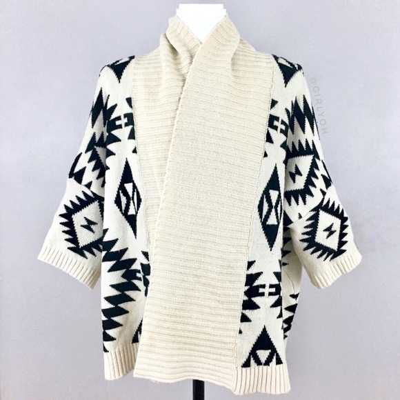 Sweaters - Beige Aztec Kimono Shawl Collar Open Cardigan L
